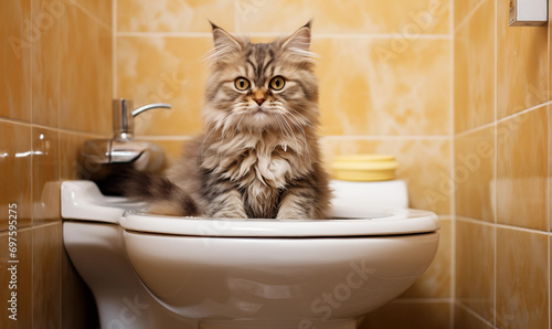 Cute cat sitting on the toilet