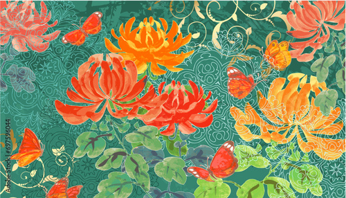watercolor chrysanthemums flowers with flying butterflies agains