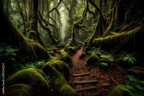 A mysterious path disappearing into the depths of the mossy rainforest.