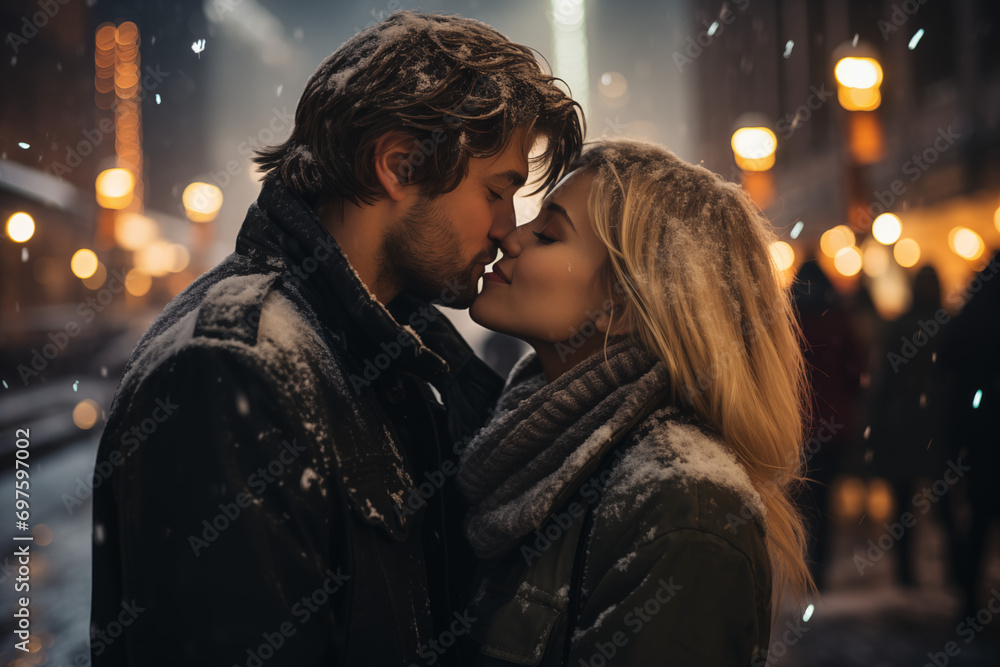 A couple sharing a kiss on a snowy winter night amidst city lights, suggestive of romance or holidays like Valentine's Day or Christmas.