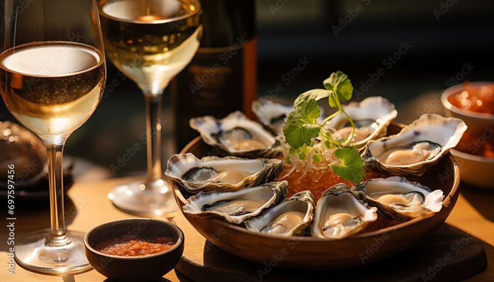 Fresh oysters on plate with wine in restaurant Fresh oysters on plate with wine in restaurant