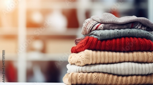 A stack of warm clothes on a store window close-up