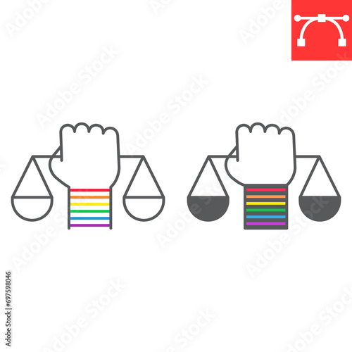 LGBT rights line and glyph icon, LGBT and tolerance, hand hold scales, vector graphics, editable stroke outline sign, eps 10.