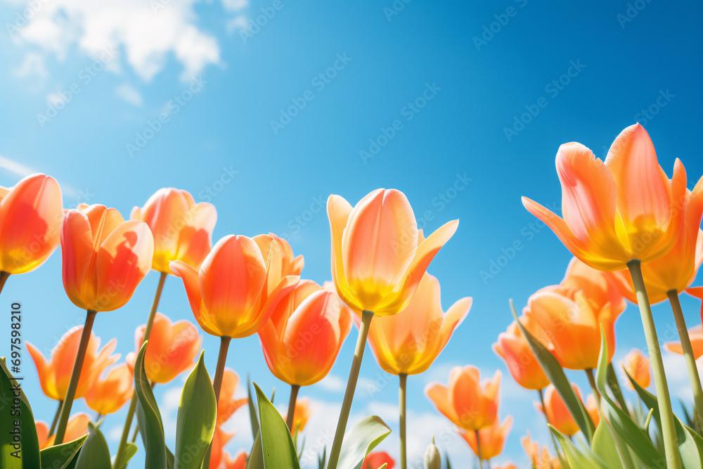 Obraz premium Orange spring tulip flowers in full bloom with blue sky in background