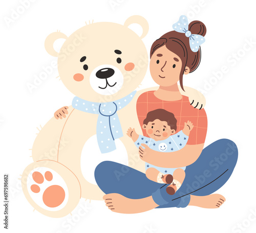 Happy woman with small child hugs large white teddy bear toy. Cute female character mother with baby. Vector illustration in flat style.