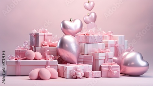 A grouping of 3D pastel pink gift boxes, rendered with exquisite detail, one box opened wide, overflowing with festive Valentine's baubles and ribbons. © Ai Studio