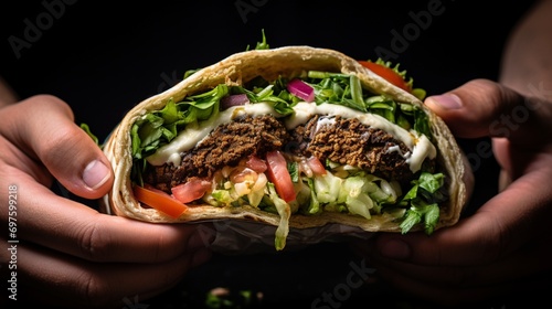 A cross-section of a falafel being placed into a pita, creating a mouth-watering sandwich. photo