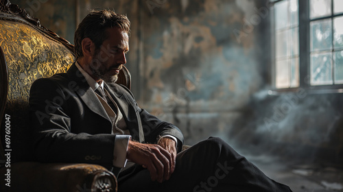 A close-up photograph of a European man, deeply contemplating while sitting on an elegant chair in his office. The room is well-lit, with natural light streaming in through the window photo