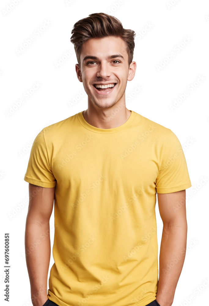 Obraz premium Smiling excited young man in yellow t-shirt, isolated background, transparent png