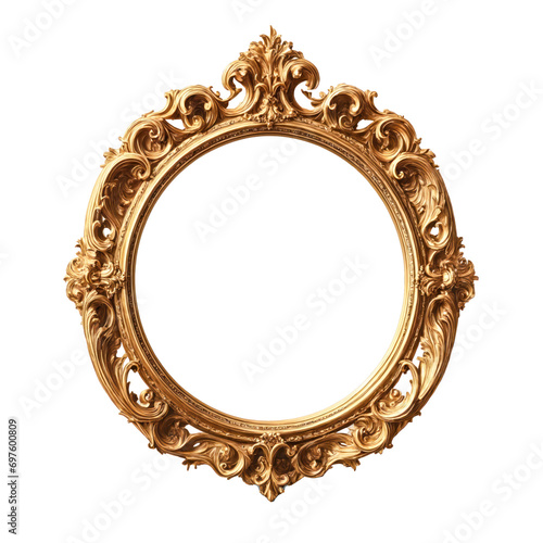 Antique gold round frame, isolated background, transparent png