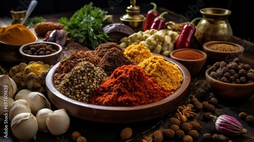 A kitchen counter covered with a variety of spices used in falafel preparation. photo