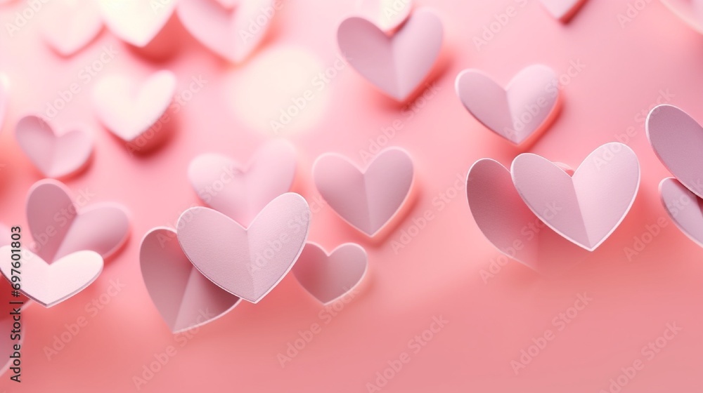 Numerous delicate, pastel-hued paper hearts, floating dreamily against a rosy pink background, creating an ambiance of gentle, whispering love.