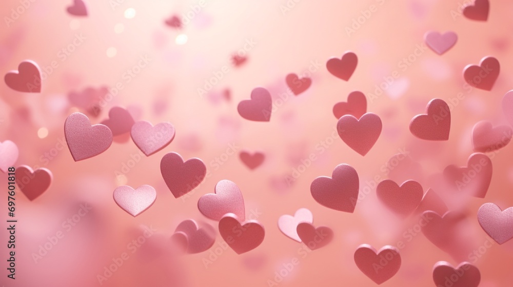 Numerous delicate, pastel-hued paper hearts, floating dreamily against a rosy pink background, creating an ambiance of gentle, whispering love.