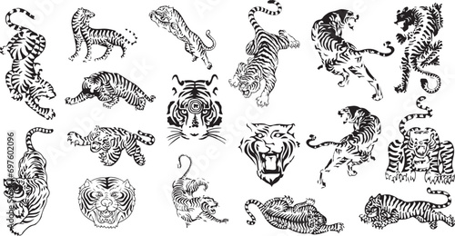 Set of traditional Thai tiger drawings from Thai Yantra designs. Vector elements. set tigers drawn in ink by hand ,objects with no background. Thai striped tiger picture. Traditional tattoo. logo icon