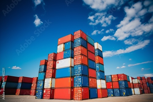 Many metal sea containers at port logistics terminal. Transportation and cargo delivery. photo