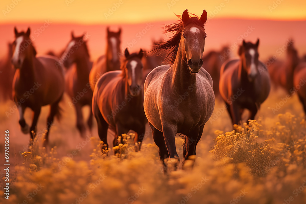 Dusk settles over a field of wild horses Dusk settles over a field of wild horses