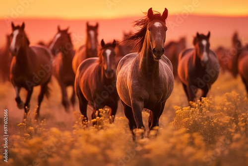 Dusk settles over a field of wild horses