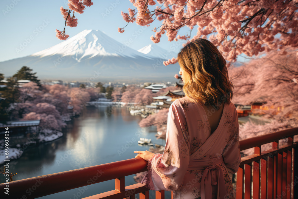 Beautiful girl with cherry blossom and Fuji mountain in Japan