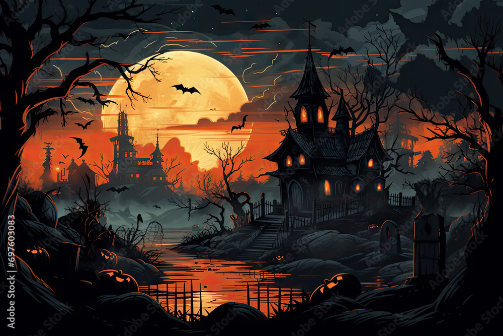 Halloween background with full moon and full moon, 3d illustration