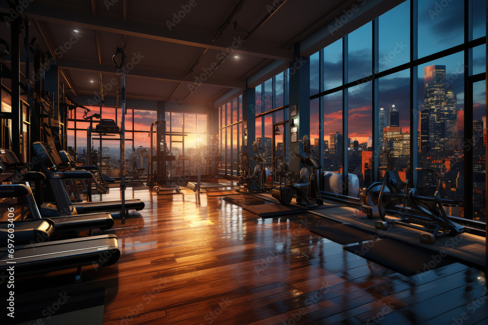 3d render interior of fitness room with big window and city view