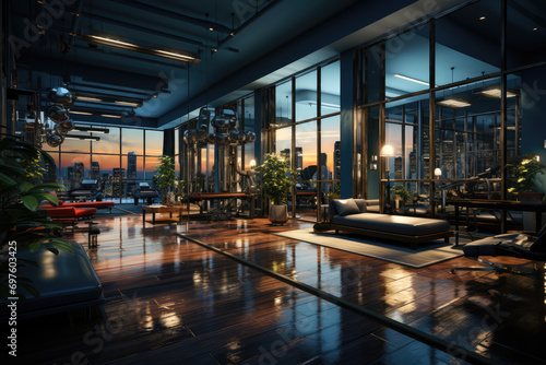 3d render interior of fitness room with big window and city view © Kitta