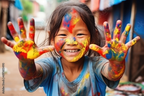 Happy asian little child girl with colorful paint on her hands