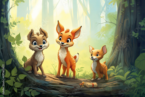 Family of wild animals in the forest - 3d render illustration.