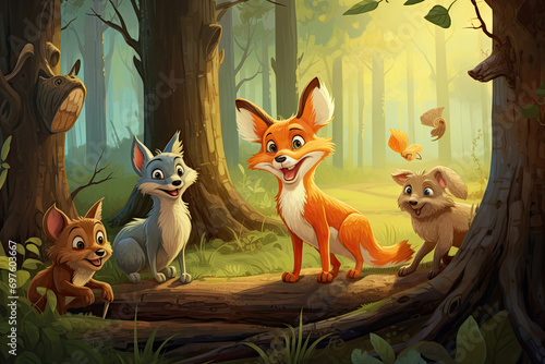Family of wild animals in the forest - 3d render illustration.