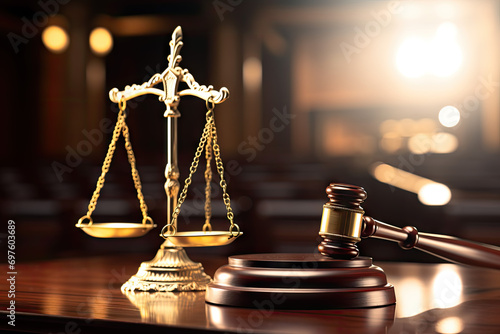 Law theme. Mallet of the judge, books and scales of justice on wooden table