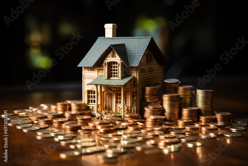 House model and coins on dark background with bokeh. Real estate concept