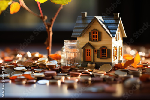 House model and coins on dark background with bokeh. Real estate concept