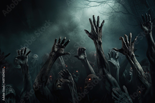 Scary halloween background with zombie hands. Horror Halloween concept photo