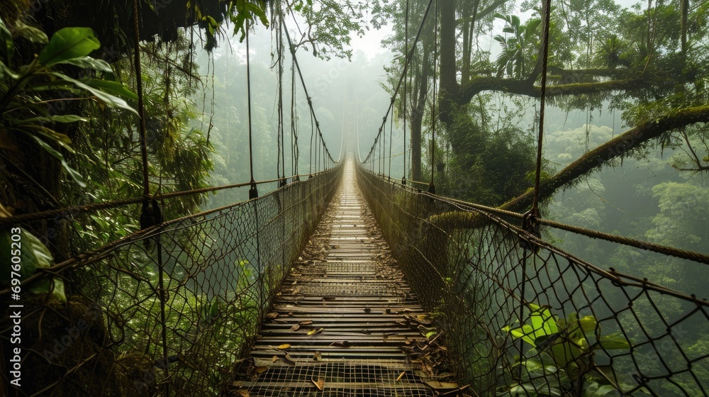  A long suspension bridge made of wooden planks and surrounded by metal netting extending into the distance through a dense forest shrouded in fog.  - obrazy, fototapety, plakaty 