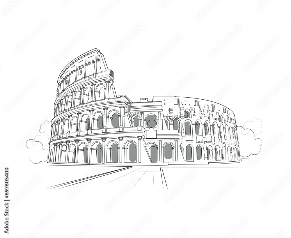 Roman Colosseum. Vector sketch illustration of Colosseum on colorful watercolor background. Travel to Rome poster, greeting card or print with hand drawn calligraphy lettering.