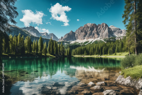 lake in the mountains and green trees