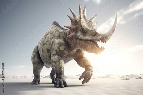 3D render of triceratops charging on white background. Generative AI © Milana