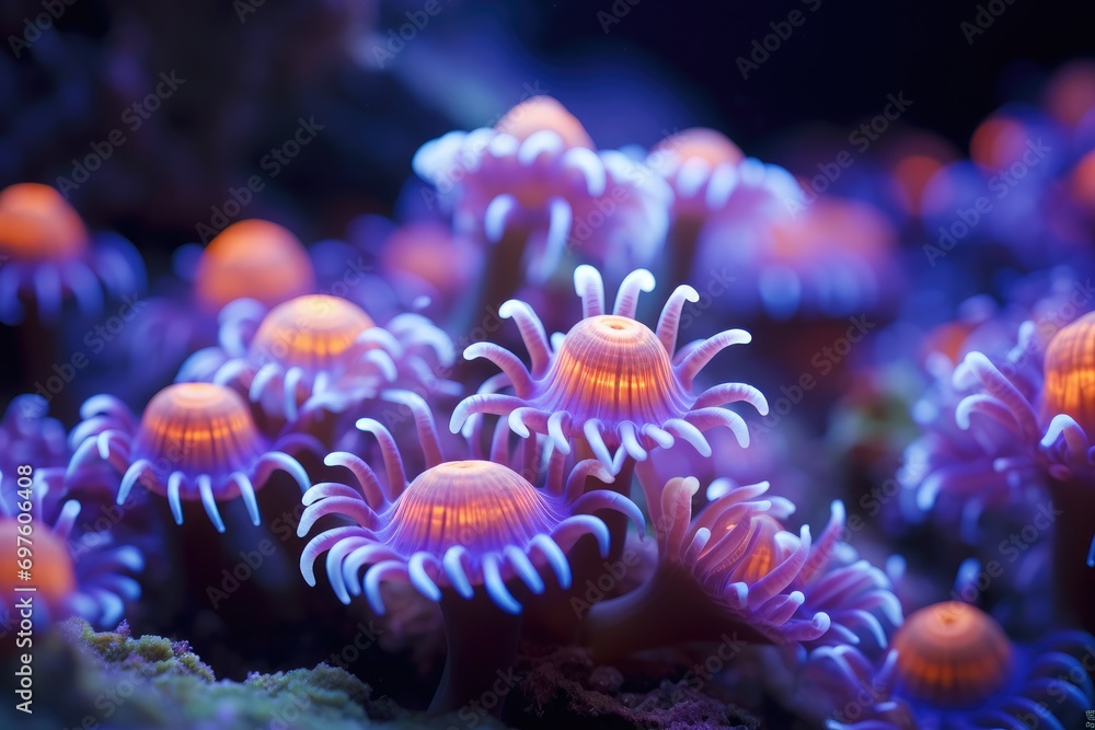 Coral Garden at Night: A macro shot of vibrant coral polyps. Coral Garden at Night: A macro shot of vibrant coral polyps.