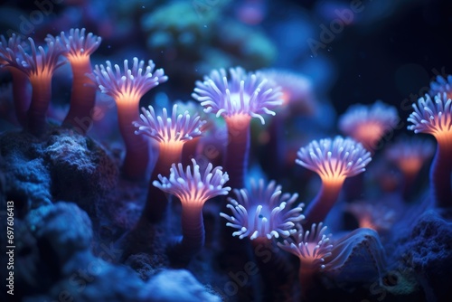 Coral Garden at Night  A macro shot of vibrant coral polyps.