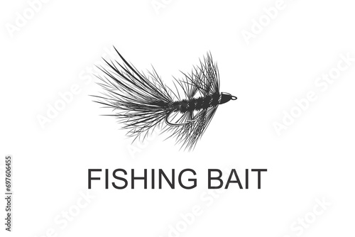 Fishing hook bait jig feather logo design silhouette vector illustration.