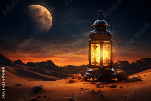 Foto Mystical Ramadan lantern in desert