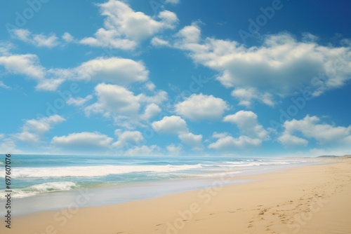 Expansive Ocean beach blue sky day. Relax horizon. Generate Ai