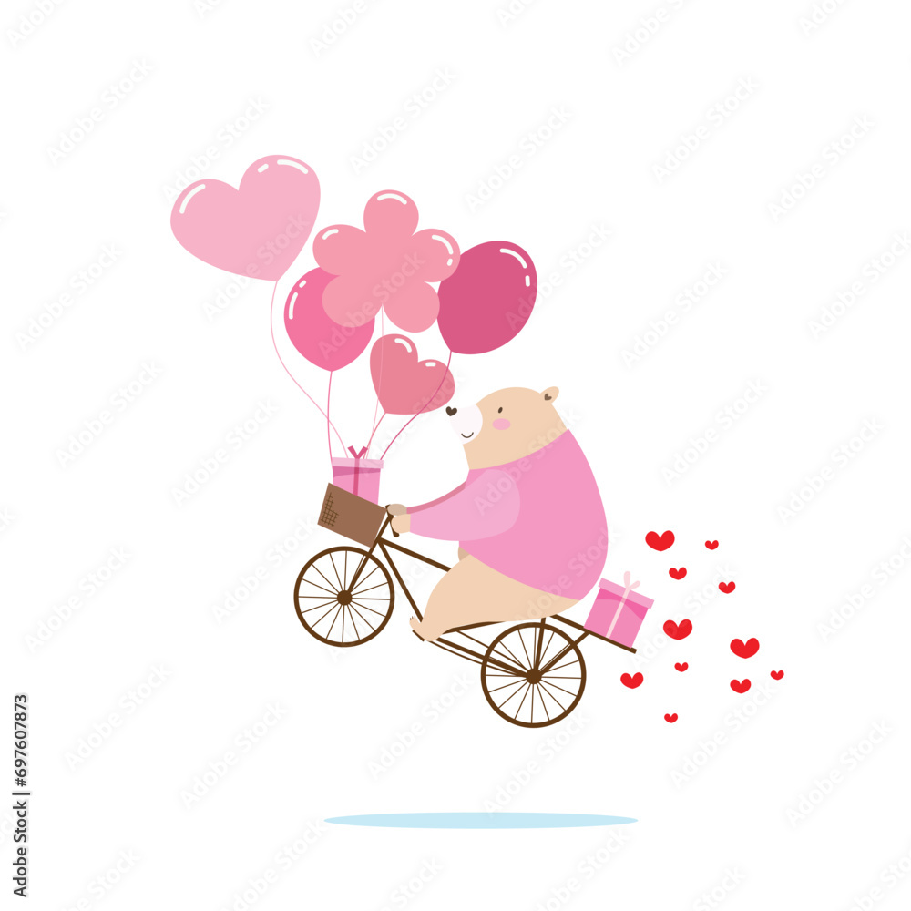 A little cute bear riding a bicycle and flying in the air with group of lovely pink balloon and gift box over white background. Vector illustration flat charactor for Valentine's day concept