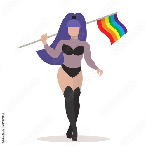 A beautiful and confident drag queen with rainbow flag for LGBTQ+ concept and for equality and diversity supporting. Vector illustration flat charactor on white background