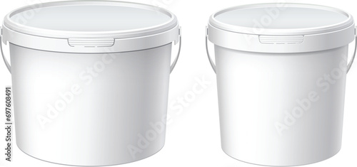 White plastic set bucket with White lid. Product Packaging For food, foodstuff or paints, adhesives, sealants, primers, putty. MockUp Template For Your Design. Vector illustration.