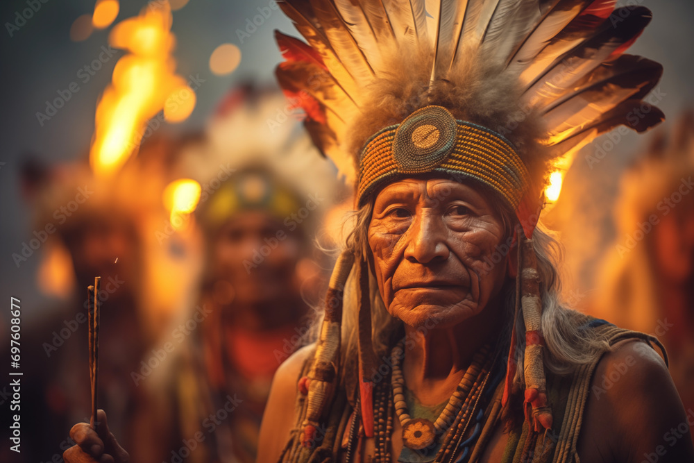 Wisps of smoke rise from a ceremonial fire, casting an enchanting glow on the faces of a tribal gathering