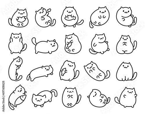 Cute kawaii little cat. Coloring Page. Cartoon funny kitty, animals character. Hand drawn style. Vector drawing. Collection of design elements.