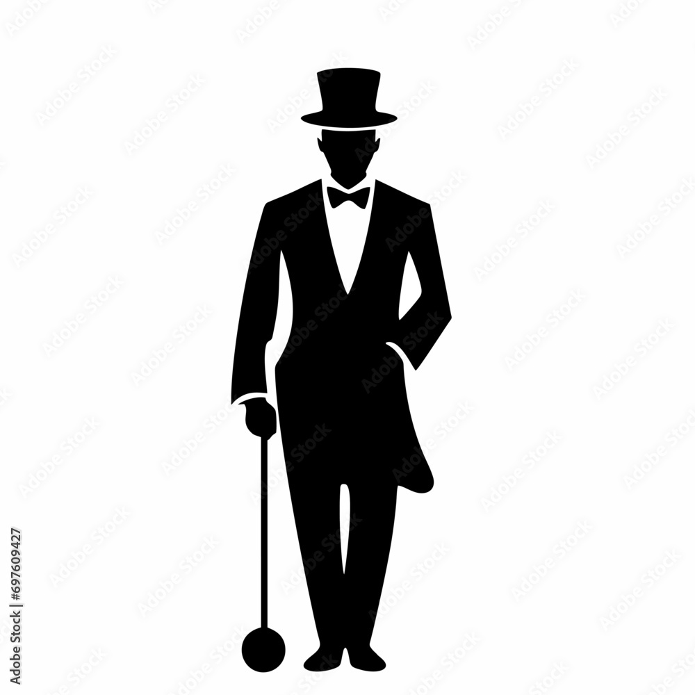 gantleman wearing tuxedo. Businessman in formal suit or groom with round hat gantleman wearing tuxedo. Businessman in formal suit or groom with round hat