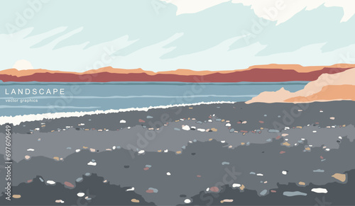 Modern nature landscape in a minimalist style. Retro realism. Contemporary aesthetic art. Design for page, poster, magazine, brochure, flyer, wallpapers, interior.