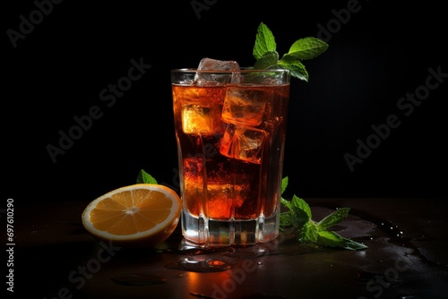 Refreshing drink on table against dark background. Generative AI