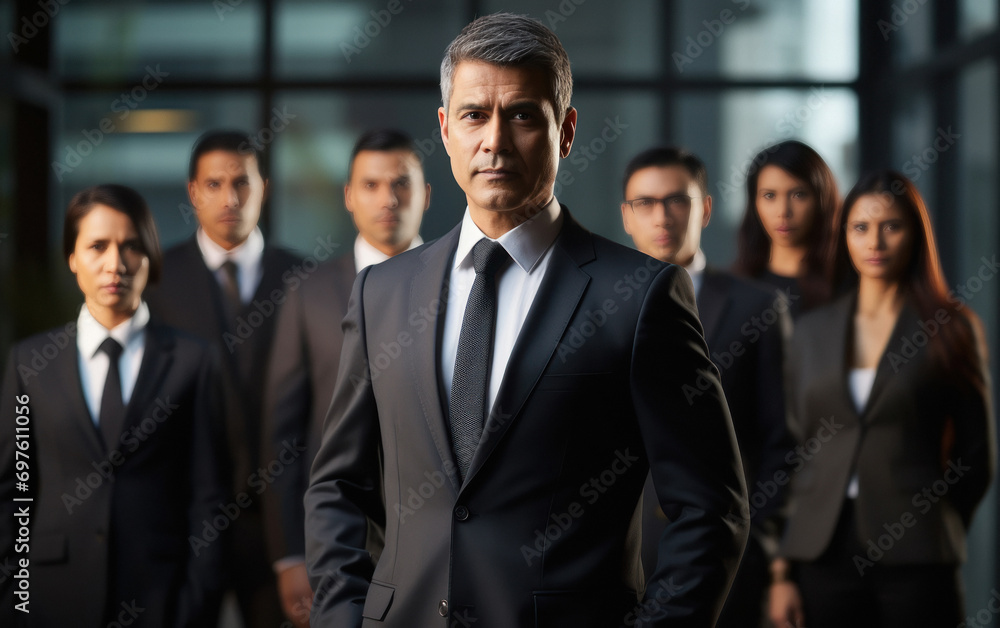 Senior businessman standing confident with his staff Senior businessman standing confident with his staff